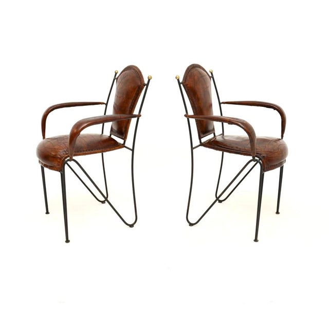 Mid-Century Modern Vintage French Iron and Leather Armchairs, 1960s, Set of 2 For Sale - Image 3 of 11