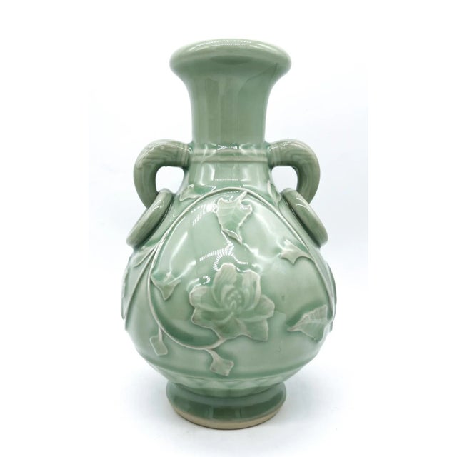 Ceramic Mid-Century Chinese Celadon Vase With Floral Relief & Dual Handles – Asian Revival / Chinoiserie / Traditional Elegance For Sale - Image 7 of 12