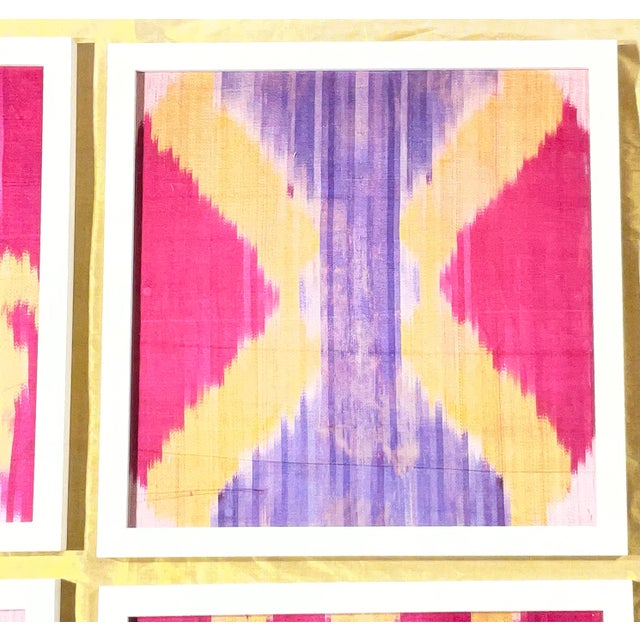 1910s Vibrant Silk Ikat Framed Collection – Bohemian Luxury Textile Art (Set of 4) For Sale - Image 5 of 15