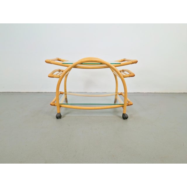 1970s Vintage Trolley in Rattan, Bentwood and Leather, Italy, 1970s For Sale - Image 5 of 14