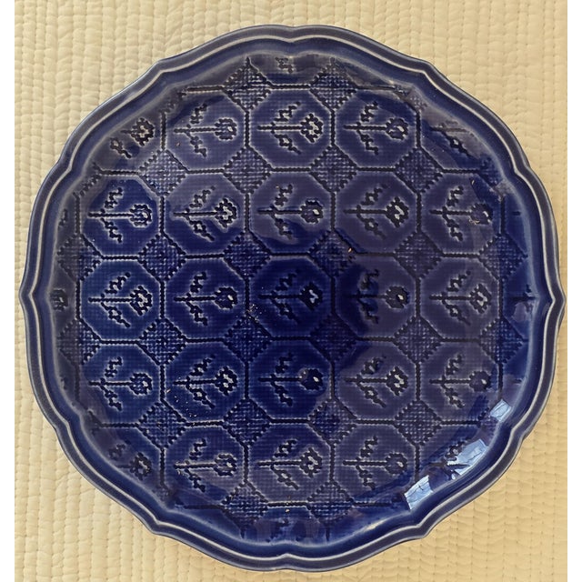 Mid 20th Century Set of Six Blue Glazed Stoneware Plates and Platters With Relief Floral Pattern - Set of 6 For Sale - Image 4 of 10