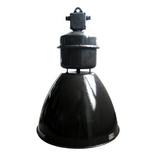 Mid-Century Industrial Black Enamel Factory Pendant Lamp For Sale