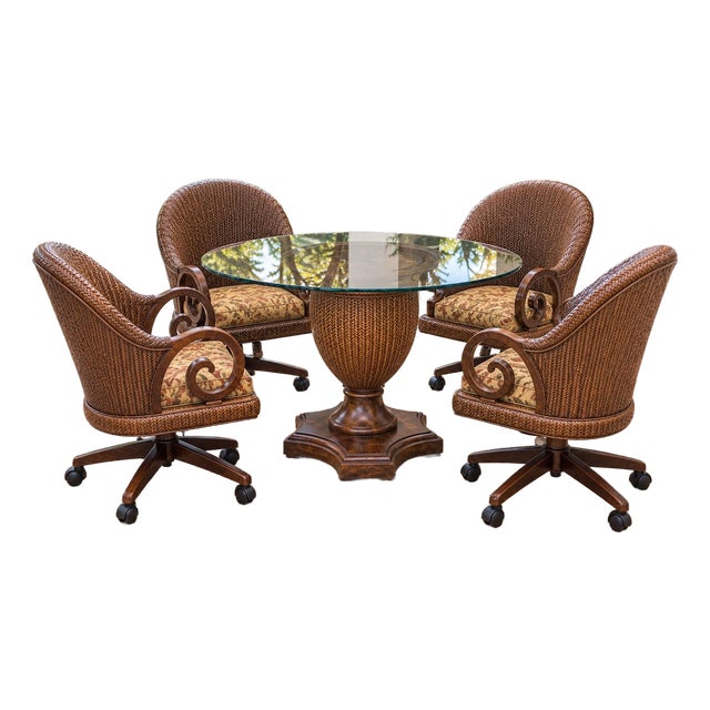 Vintage Chromcraft 5-Piece Herringbone Rattan Swivel Caster Dining Set – Table + 4 Chairs For Sale