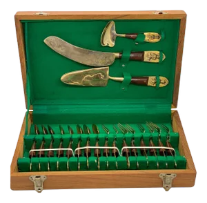 Vintage Mid-Century Thailand Bronze and Rosewood Dessert Set in Wood Case - 19 Pieces