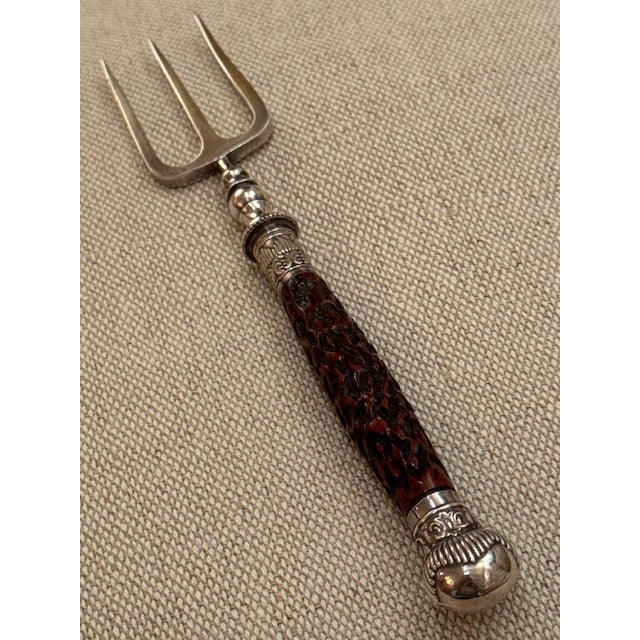 Victorian Antique Exquisite English Horn Handled Sterling Silver Toast Fork - Heavy and Hallmarked For Sale - Image 3 of 12