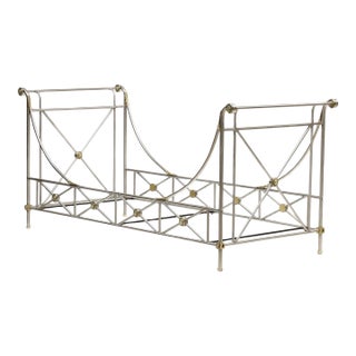 Maison Jansen Style Neoclassical Steel & Brass Bed Frame With Rosette Mounts, 1970s For Sale