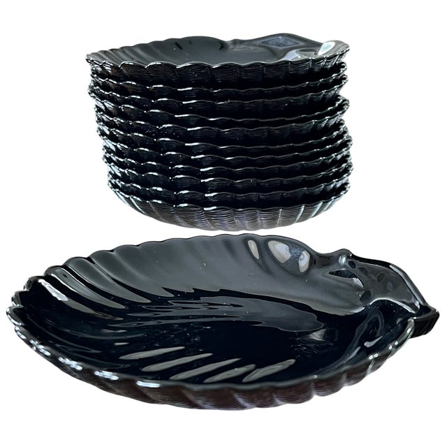 Black Set of 12 Vintage Arcoroc France "Coquillage" Black Glass Shell Dishes, Circa 1960s For Sale - Image 8 of 13