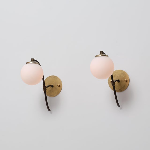 Vintage Italian Brass and Opaline Globe Sconces, 1950s, Set of 2 For Sale - Image 10 of 12