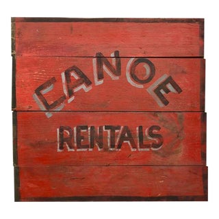 Vintage Hand Painted Canoe Rentals Sign in Barn Red For Sale