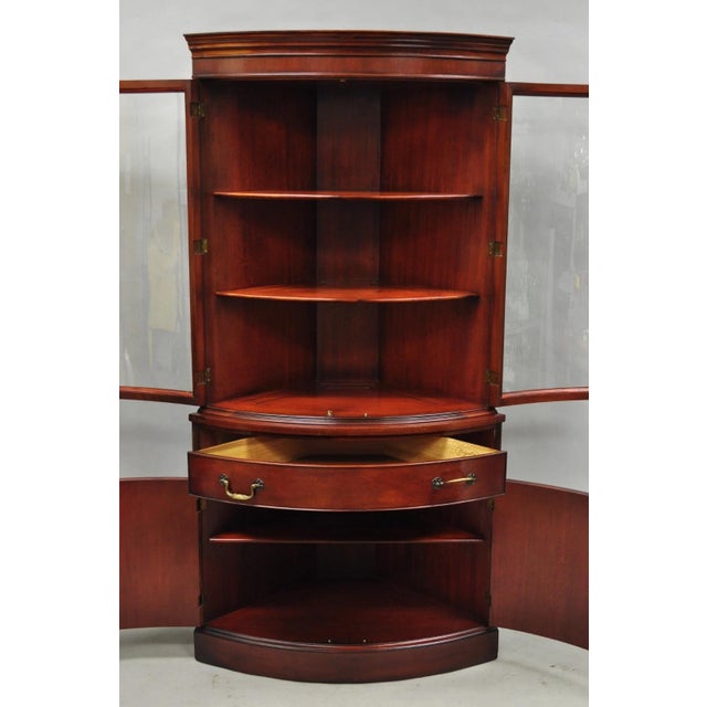 Vintage Morganton Duncan Phyfe Style Mahogany Bow Front Corner China Cabinet Curio. Item features curved glass panes,...