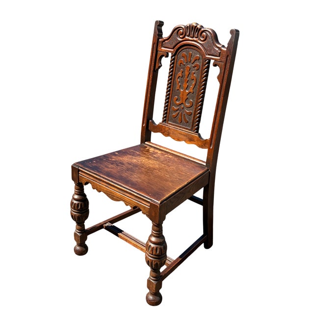 Wood Early 20th Century Jacobean Revival Carved Oak Dining Chairs – Set of 6 For Sale - Image 7 of 11