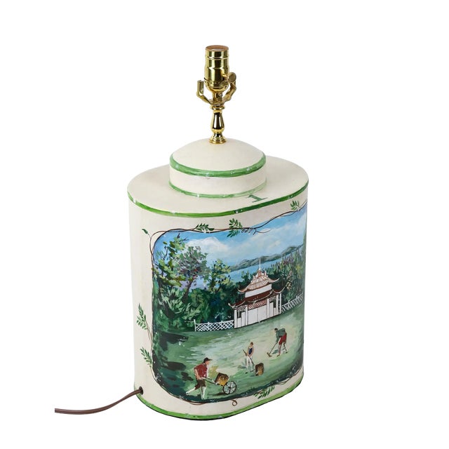 Mid-20th Century Chinese-Style Hand-Painted Ceramic Tea Canister Table Lamps - a Pair For Sale - Image 4 of 13