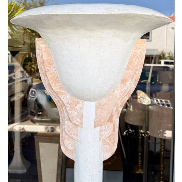 Off-white Italian Art Deco Style Tessellated Stone Torchiere From 80's For Sale - Image 8 of 9