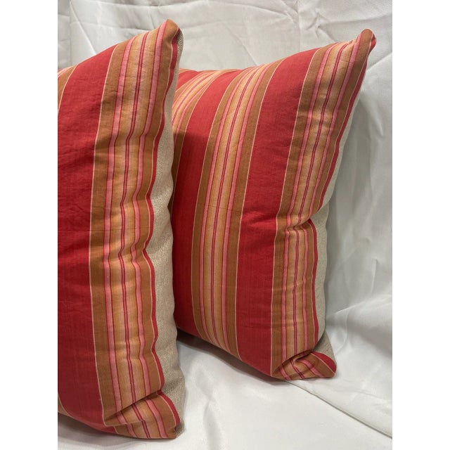 French Pair of Pillow Covers Made Out Vintage French Ticking Fabric Fragment Brick Red For Sale - Image 3 of 6