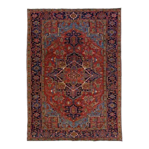 Red Antique Persian Heriz Handmade Wool Rug With Medallion Design