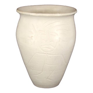 Early 1940s Abstract White Matte Pottery Vase With Figure by Hamilton Achille Wolf For Sale