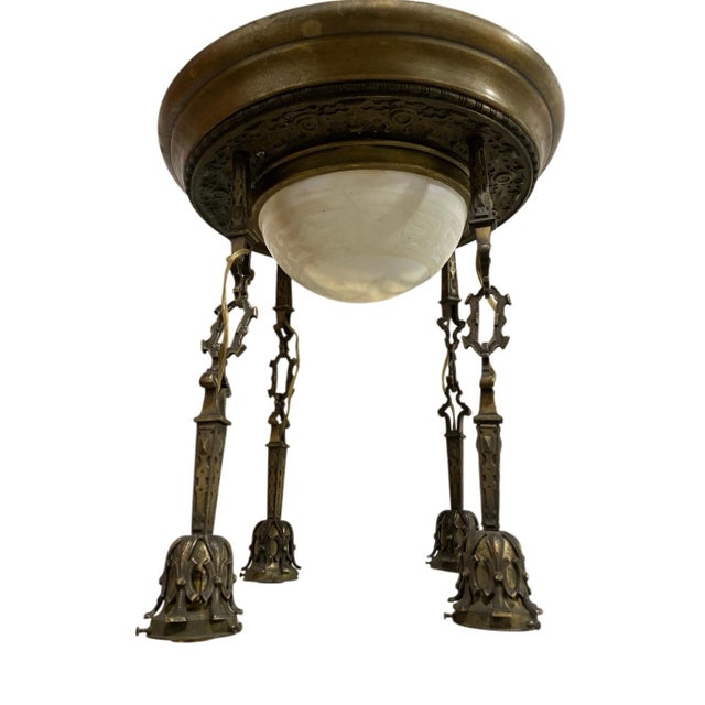 Antique Art Nouveau Patinated Brass & Opal Glass 5-Light Chandelier For Sale In Pittsburgh - Image 6 of 12