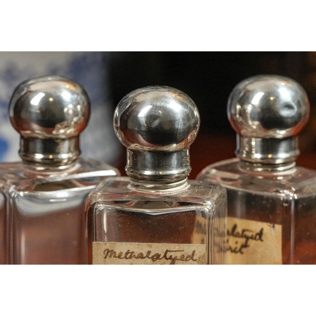 Set of 4, Edwardian Pigskin Leather Travel Case With Sterling Silver Top Treble Spirit Flasks Bottles For Sale - Image 4 of 14