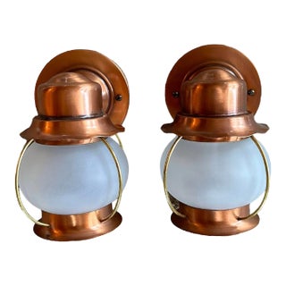 Midcentury Copper, Brass and Frosted Glass Jar Sconces, Circa 1940 For Sale