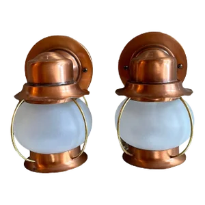 Midcentury Copper, Brass and Frosted Glass Jar Sconces, Circa 1940