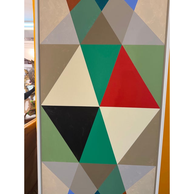 French Artist Patrice Bertin Long Abstract Geometric Framed Oil on Canvas For Sale - Image 4 of 8