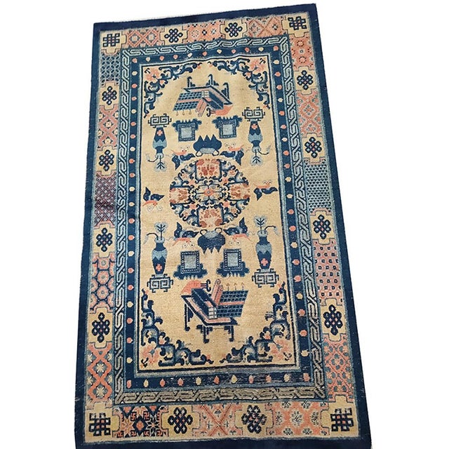 Antique Chinese Ningxia rug, size: 4' 4'' x 7' 4''. Antique Ningxia Chinese Geometric Medallion Hand Knotted Pile Rug,...