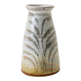 Signed Fp Studio Pottery Vase Iridescent Glaze Carved 7” For Sale