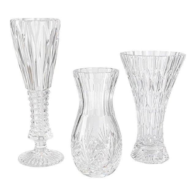 Vintage Crystal Bud Vase Trio Sculptural Cut Glass Curated Collection For Sale