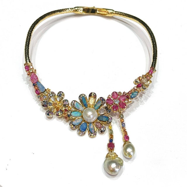 Metal Bochic "Orient" Opal, Multi Sapphires & Rubies Necklace Set In 18K Gold & Silver For Sale - Image 7 of 7