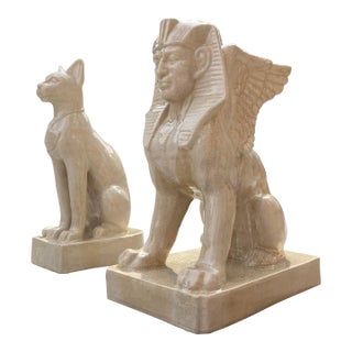 1980s Egyptian Sphinx & Cat Statue in Crackle Glazed Porcelain - a Set For Sale