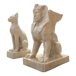 1980s Egyptian Sphinx & Cat Statue in Crackle Glazed Porcelain - a Set