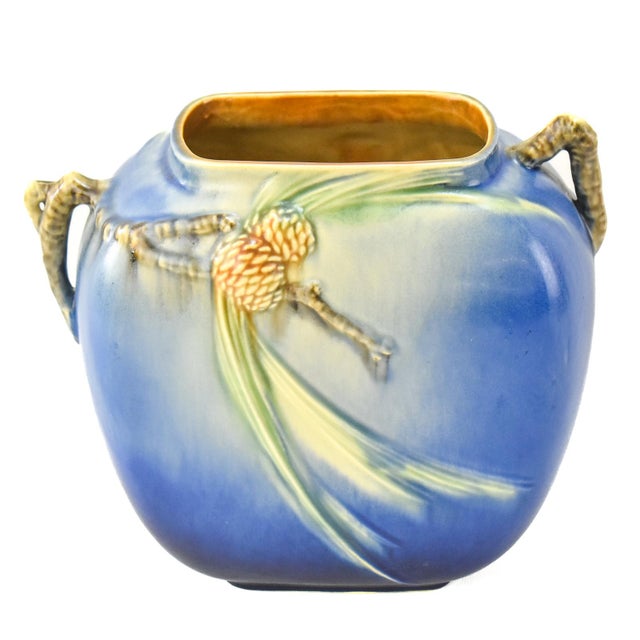 Roseville Pine Cone Blue 1936 Vintage Art Pottery Pillow Ceramic Vase 114-8 Large sought after blue pine cone vase. Bottom...