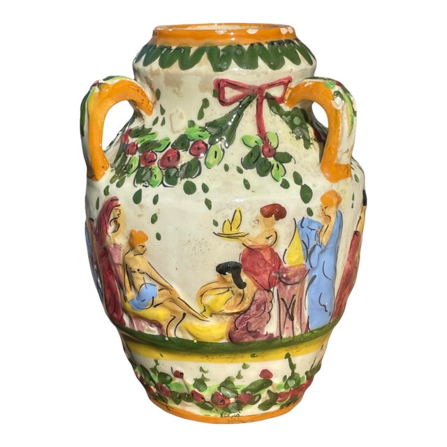 Vintage Italian Majolica Hand-Painted Ceramic Vase For Sale