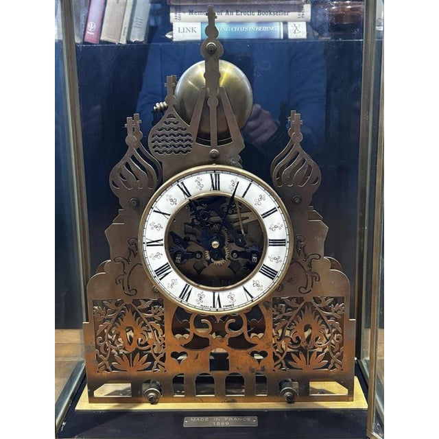Metal Large Architectural Brass Cathedral Skeleton Clock with Case and Key For Sale - Image 7 of 18