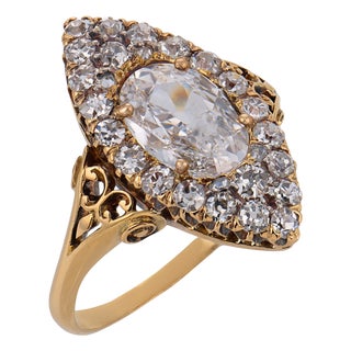 Late 19th Century Victorian Gia 1.30 Carat Diamond 18k Yellow Gold Navette Ring, Size 7.75 For Sale