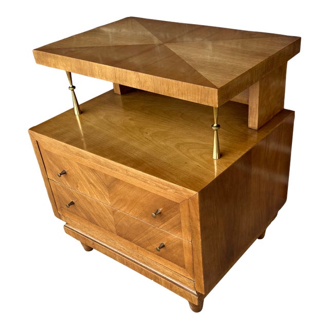 A Detailed Nightstand by American of Martinsville, Featuring Brass Knobs, Two Drawers and Multi Tiered For Sale