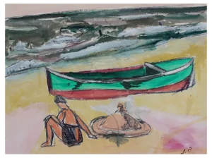 Jean Pons, Small Boat and Bather in Dinard, 1961, Mixed Media on Paper, Framed