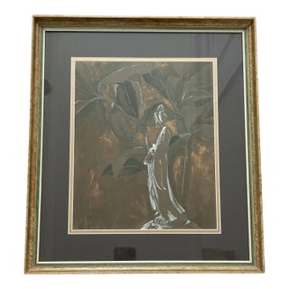 Vintage Framed Earthy Asian Geisha Painting For Sale