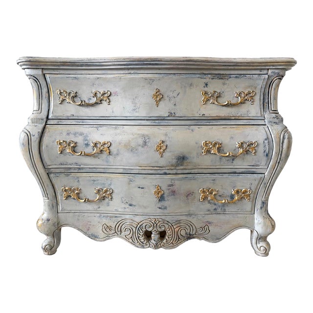 1990s Hand-Painted Bombe Chest of Drawers — Baroque Rococo | Dovetail Drawers | Distressed Blue, Gray & Gold | Maison Martine For Sale
