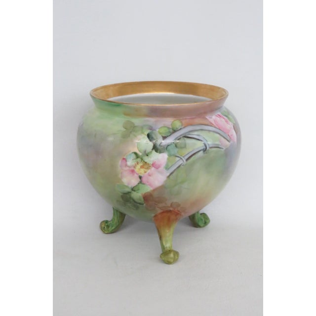 French Style Footed Porcelain Jardiniere Hand Painted Green With Flowers 4998b For Sale In Miami - Image 6 of 13