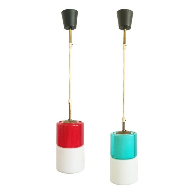 Pendant Lamps with Glass Shades, 1950s, Set of 2 For Sale
