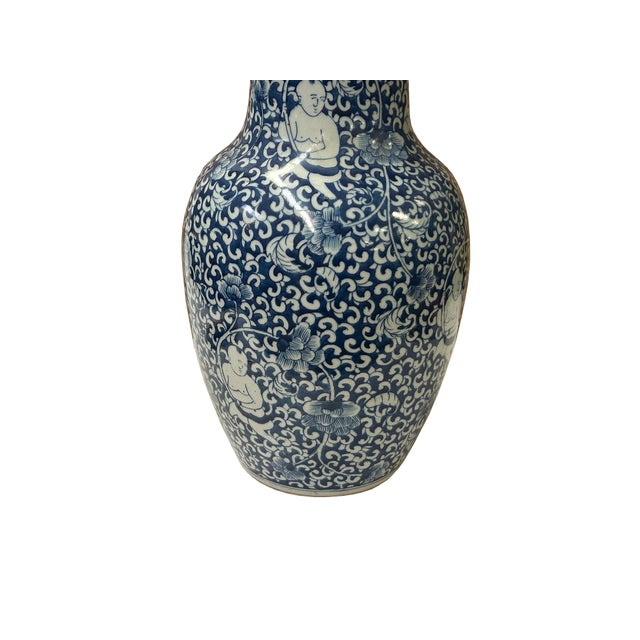 Oriental Blue White Kids Among Flower Graphic Porcelain Art Vase For Sale - Image 12 of 15