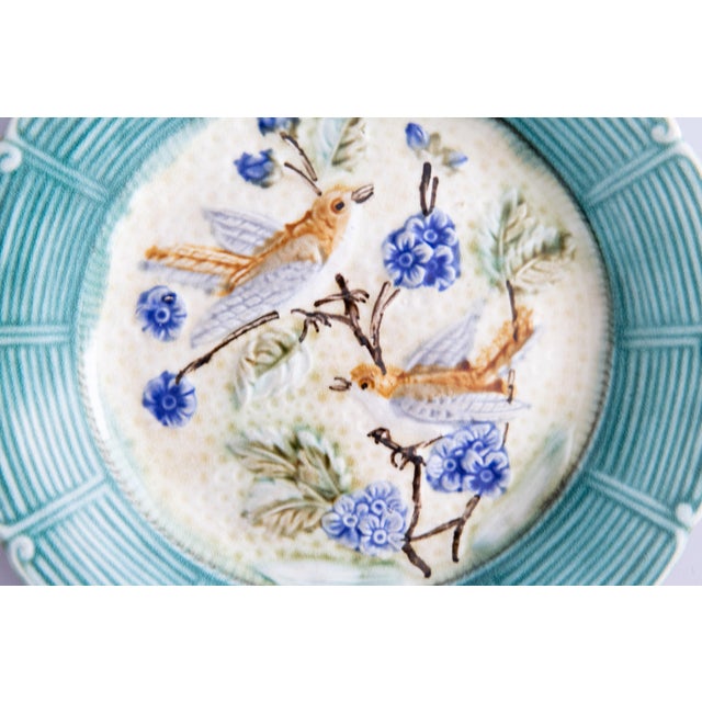 A lovely antique French Onnaing turquoise majolica birds plate, circa 1890. Hand painted with charming birds and blue...