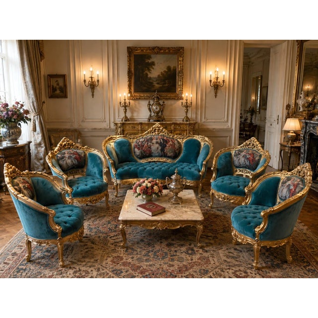 1900s French Louis XVI Blue/Green/Teal Velvet Sofa Set-5 Pc For Sale - Image 18 of 18