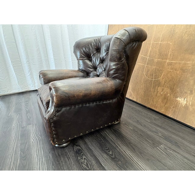 Rh Churchill Leather Chair With Nailheads Vintage Ebony Leather | Down-Feather Fill | Classic Depth For Sale - Image 17 of 18