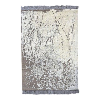 Nepalese Modern Wool, Hemp & Silk 4x6 Grey, Taupe & Ivory Handmade Area Rug #1143788 For Sale
