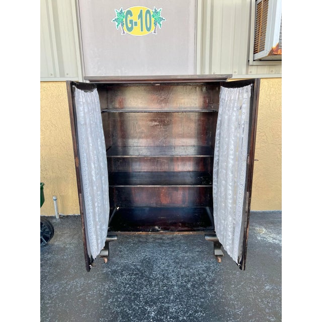 Antique Pie Safe or Book Cabinet Glass Doors & Wheels For Sale In West Palm - Image 6 of 11