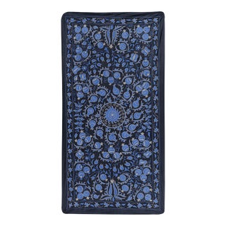 Silk Blue Suzani Table Runner - Tribal Embroidery Wall Decor For Sale