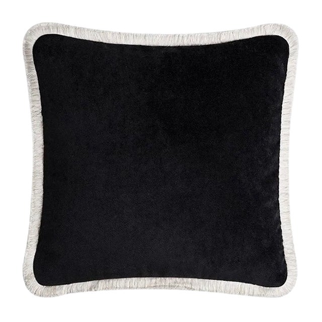 Happy Pillow Soft Velvet Cushion with Black and White Fringes by Lorenza Briola for Lo Decor For Sale