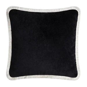 Happy Pillow Soft Velvet Cushion with Black and White Fringes by Lorenza Briola for Lo Decor
